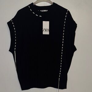 Zara Black Sweater Vest with White Stitching